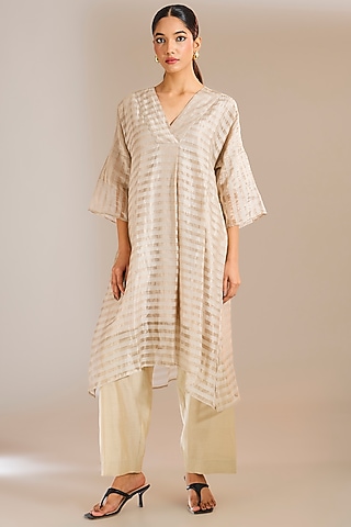 Silver-Grey Striped Tissue Chanderi A-Line Tunic by Urvashi Kaur