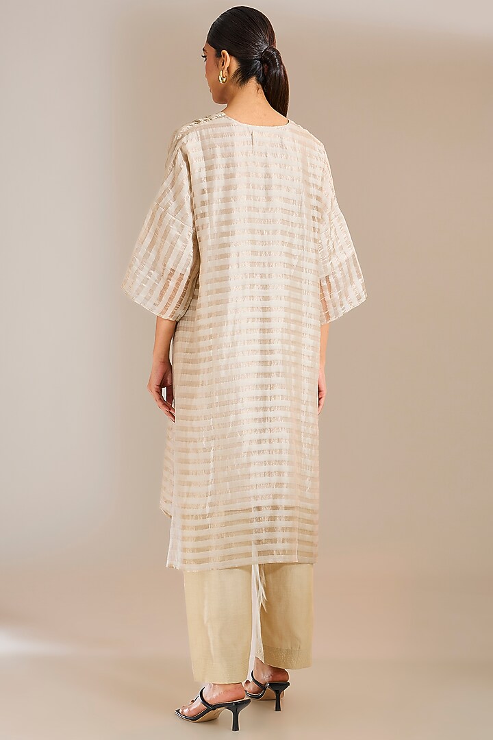 Silver-Grey Striped Tissue Chanderi A-Line Tunic by Urvashi Kaur at Pernia's Pop Up Shop