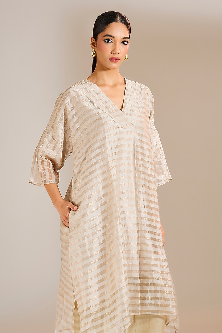 Silver-Grey Striped Tissue Chanderi A-Line Tunic by Urvashi Kaur at Pernia's Pop Up Shop