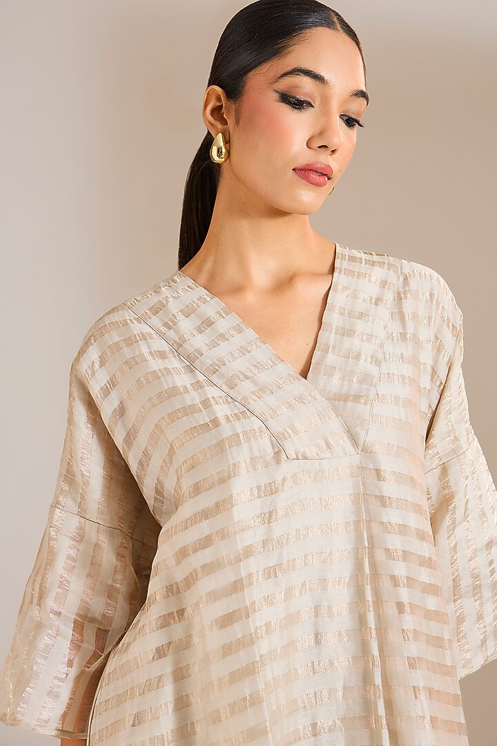 Silver-Grey Striped Tissue Chanderi A-Line Tunic by Urvashi Kaur at Pernia's Pop Up Shop