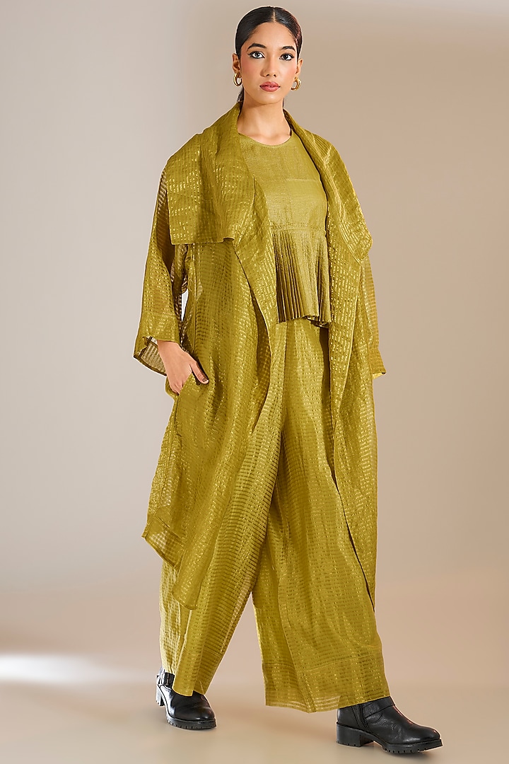 Mehendi Green Striped Tissue Silk Panelled Overlay by Urvashi Kaur at Pernia's Pop Up Shop