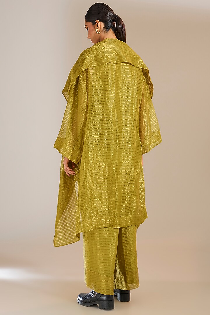 Mehendi Green Striped Tissue Silk Panelled Overlay by Urvashi Kaur at Pernia's Pop Up Shop