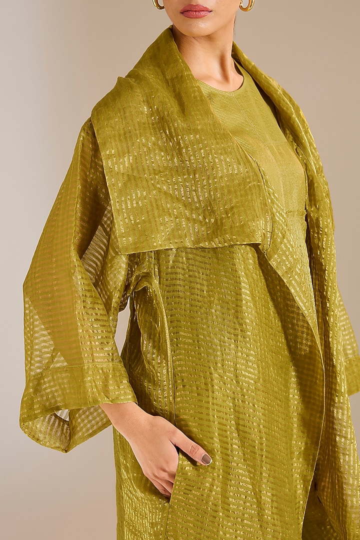 Mehendi Green Striped Tissue Silk Panelled Overlay by Urvashi Kaur at Pernia's Pop Up Shop