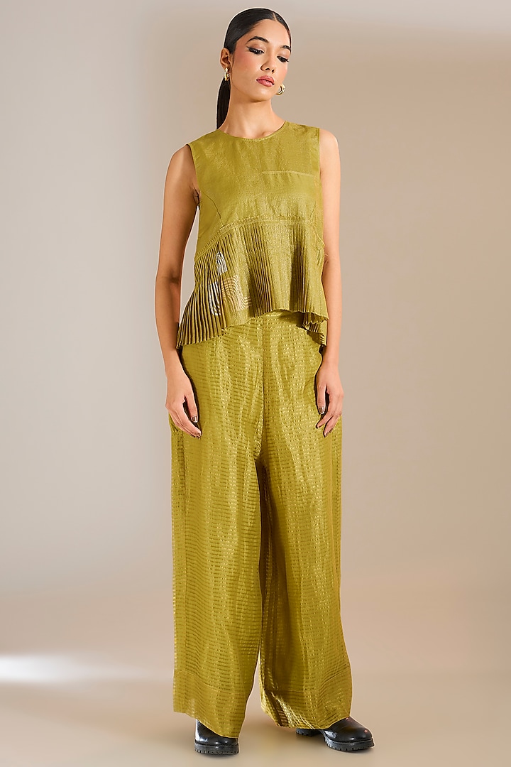 Mehendi Green Striped Tissue Silk Wide-Legged Pants by Urvashi Kaur at Pernia's Pop Up Shop