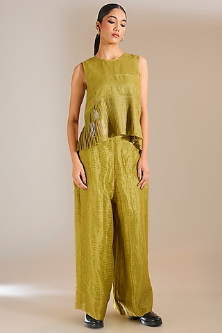 Mehendi Green Striped Tissue Silk Wide-Legged Pants by Urvashi Kaur