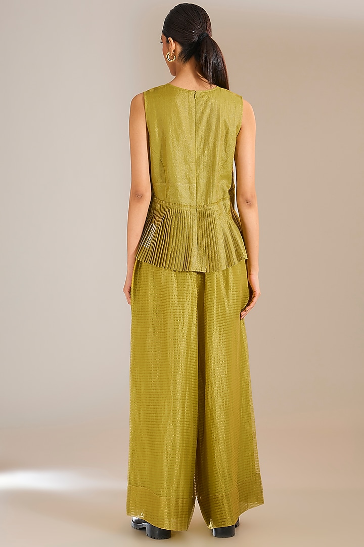 Mehendi Green Striped Tissue Silk Wide-Legged Pants by Urvashi Kaur at Pernia's Pop Up Shop