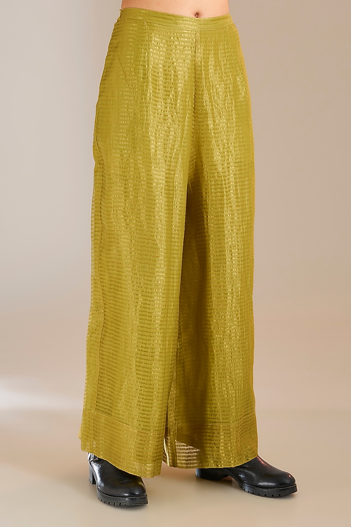 Mehendi Green Striped Tissue Silk Wide-Legged Pants by Urvashi Kaur at Pernia's Pop Up Shop