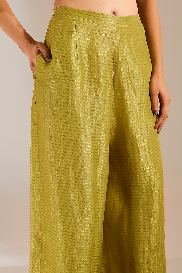 Mehendi Green Striped Tissue Silk Wide-Legged Pants by Urvashi Kaur at Pernia's Pop Up Shop