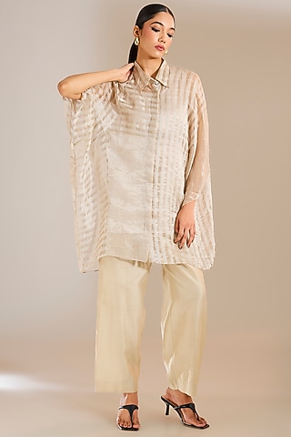 Steel Grey Striped Tissue Silk Shirt by Urvashi Kaur