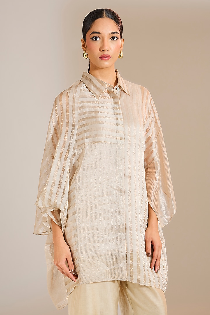 Steel Grey Striped Tissue Silk Shirt by Urvashi Kaur at Pernia's Pop Up Shop