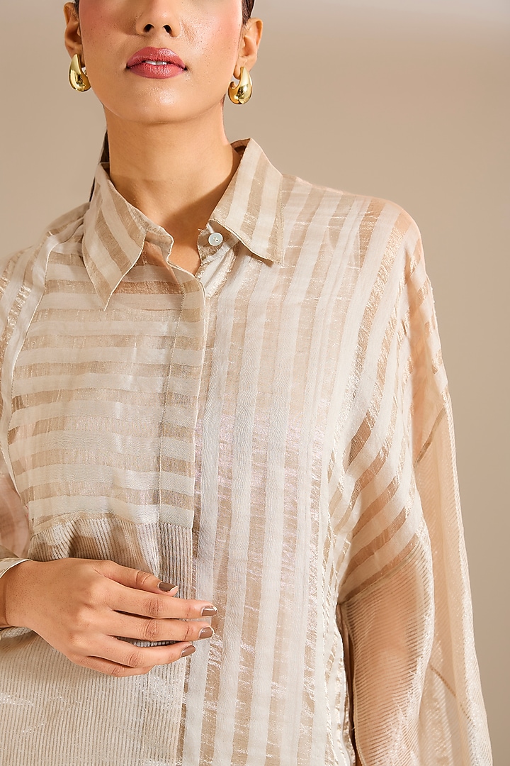 Steel Grey Striped Tissue Silk Shirt by Urvashi Kaur at Pernia's Pop Up Shop