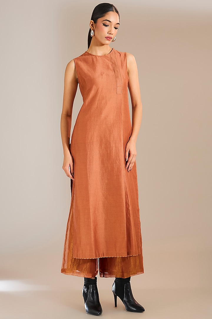 Rust Chanderi Silk Tunic by Urvashi Kaur at Pernia's Pop Up Shop