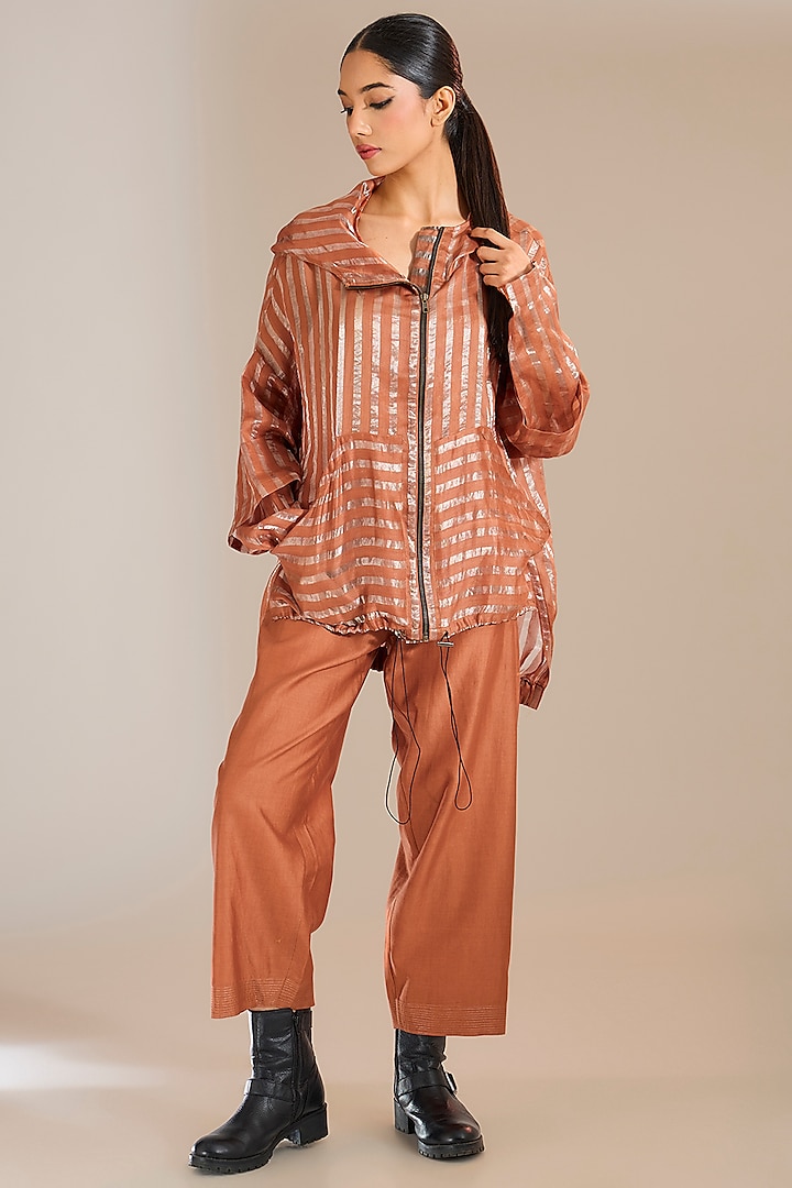 Rust Chanderi Silk Straight Pants by Urvashi Kaur at Pernia's Pop Up Shop