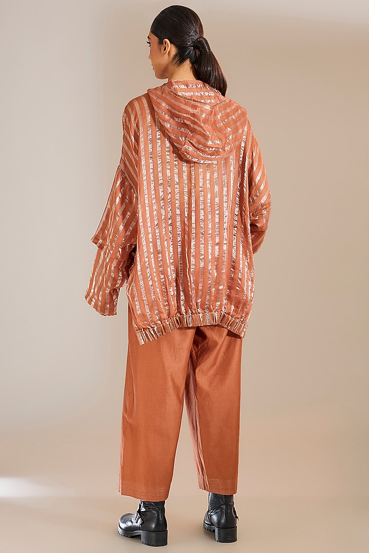 Rust Chanderi Silk Straight Pants by Urvashi Kaur at Pernia's Pop Up Shop