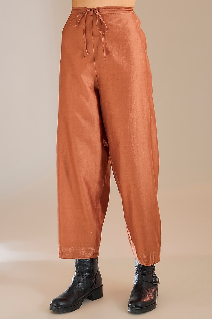 Rust Chanderi Silk Straight Pants by Urvashi Kaur at Pernia's Pop Up Shop