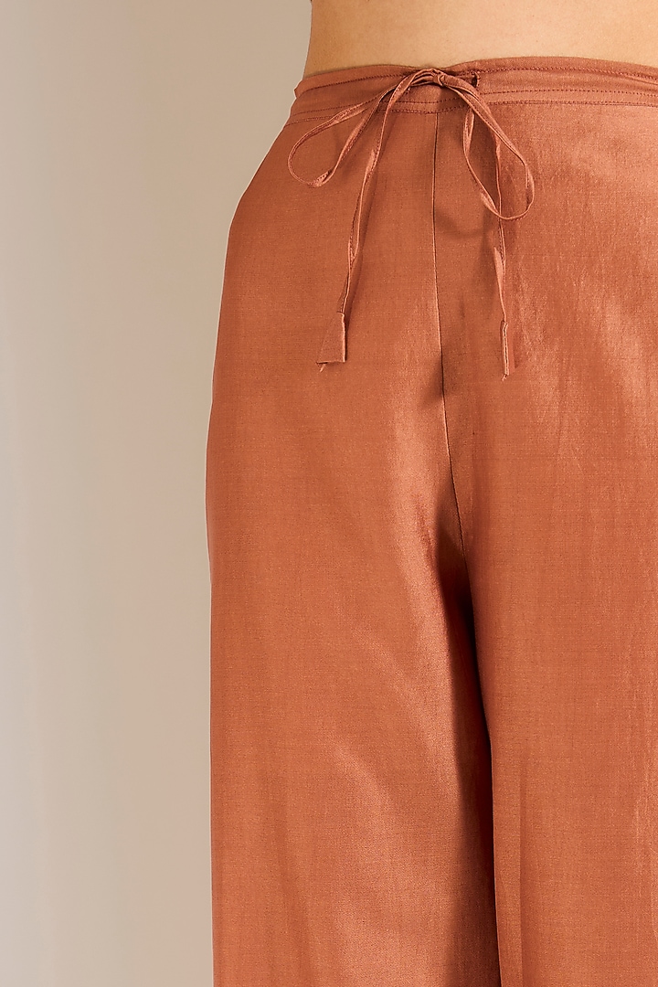 Rust Chanderi Silk Straight Pants by Urvashi Kaur at Pernia's Pop Up Shop