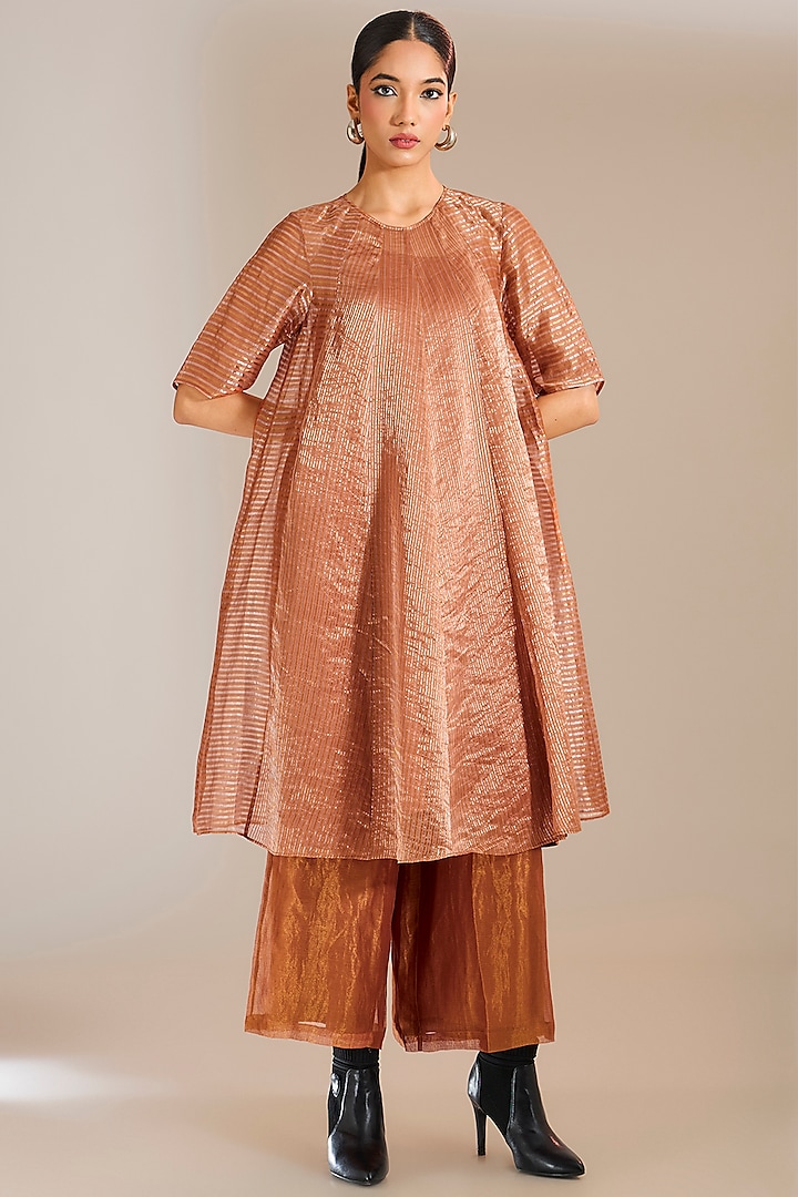 Rust Striped Tissue Silk Panelled Anarkali by Urvashi Kaur at Pernia's Pop Up Shop