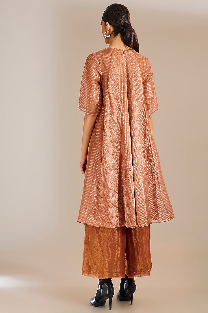 Rust Striped Tissue Silk Panelled Party Wear Anarkali by Urvashi Kaur at Pernia's Pop Up Shop