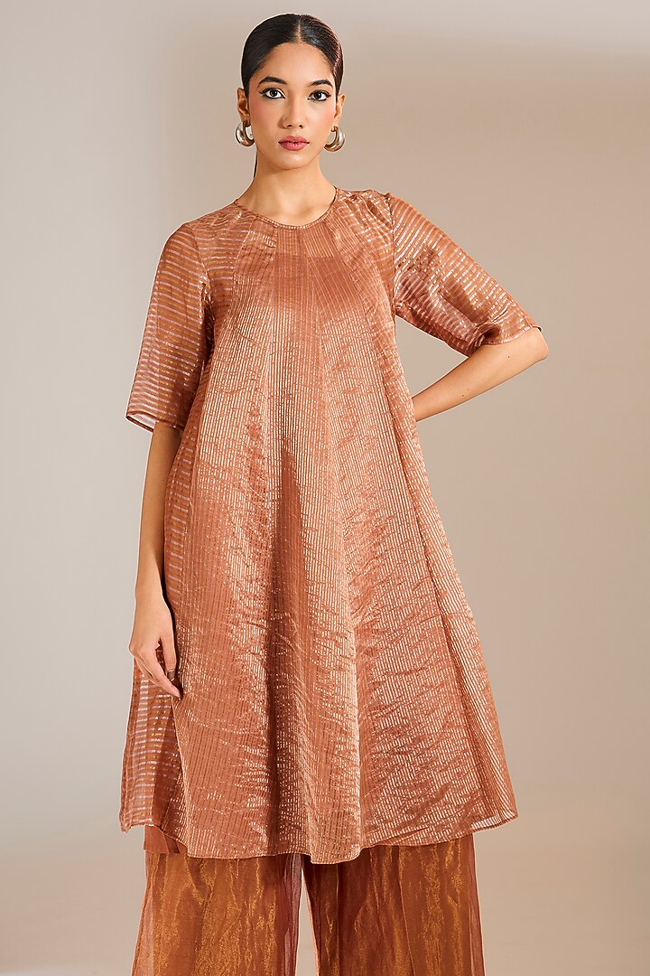 Rust Striped Tissue Silk Panelled Party Wear Anarkali by Urvashi Kaur at Pernia's Pop Up Shop