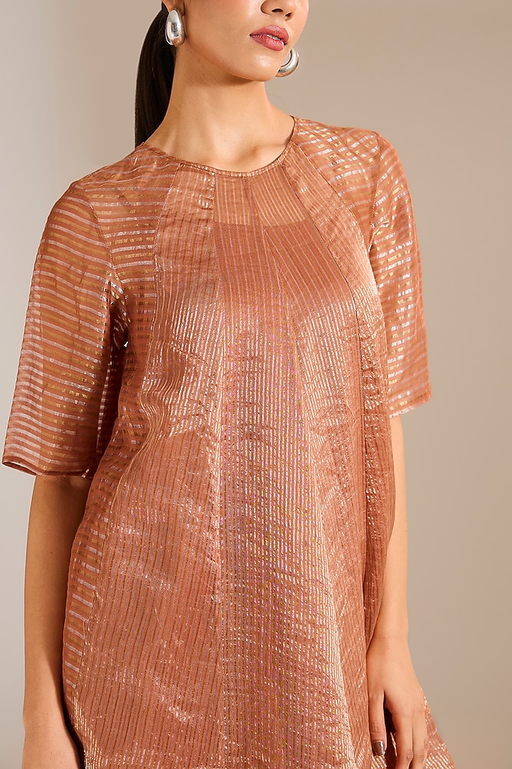 Rust Striped Tissue Silk Panelled Party Wear Anarkali by Urvashi Kaur at Pernia's Pop Up Shop