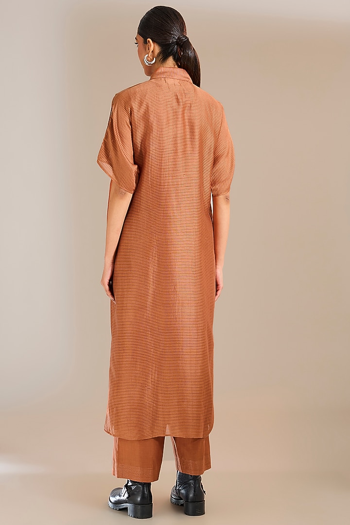 Rust Striped Chanderi Silk Vacation Shirt Dress by Urvashi Kaur at Pernia's Pop Up Shop