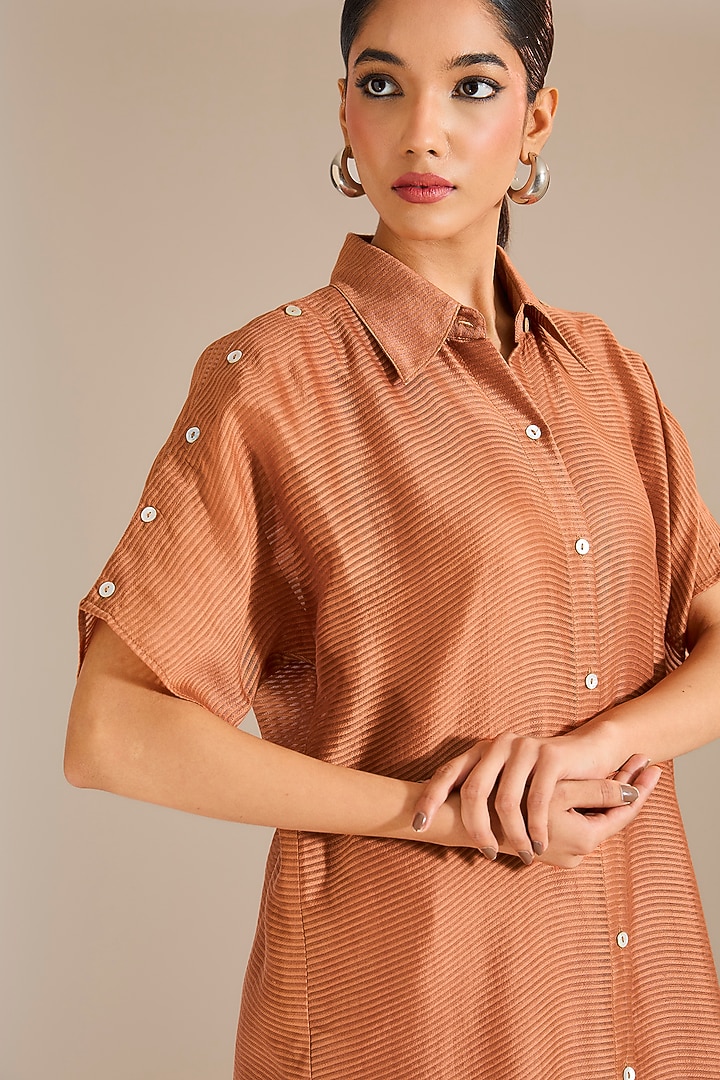 Rust Striped Chanderi Silk Vacation Shirt Dress by Urvashi Kaur at Pernia's Pop Up Shop