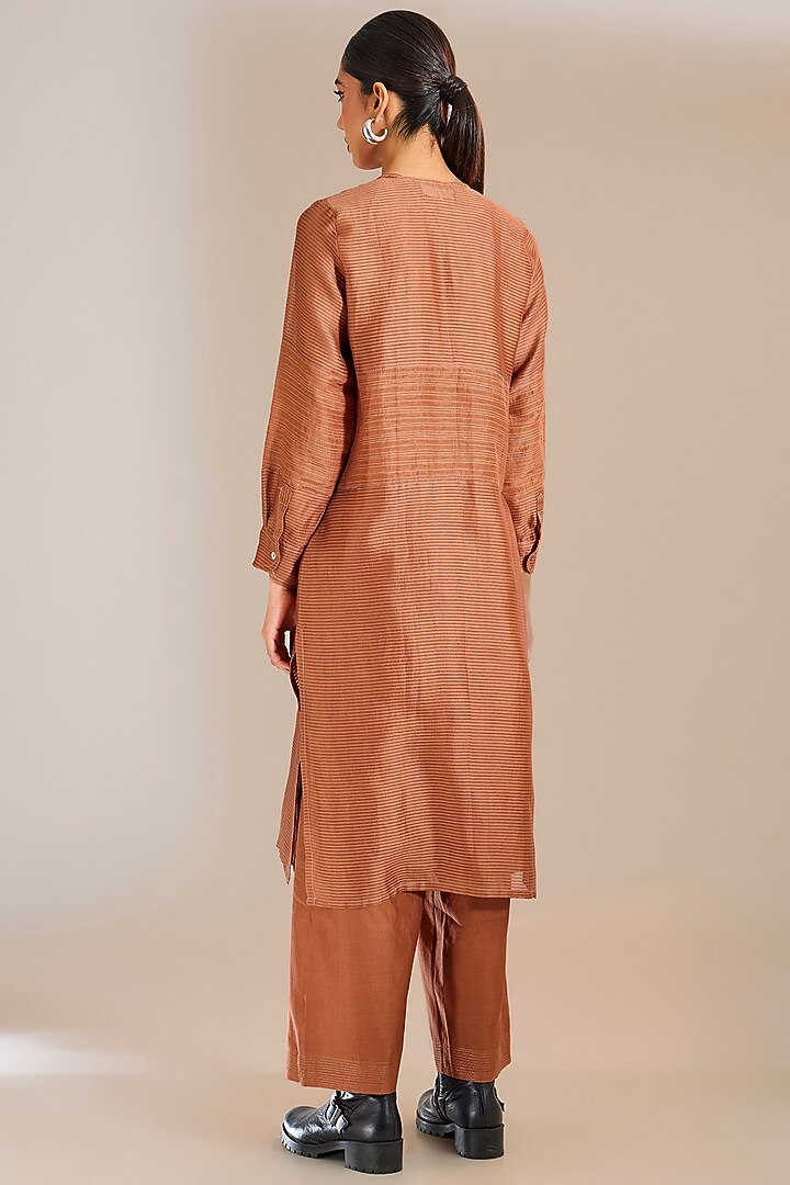 Rust Striped Chanderi Silk Jaal Work Tunic by Urvashi Kaur at Pernia's Pop Up Shop
