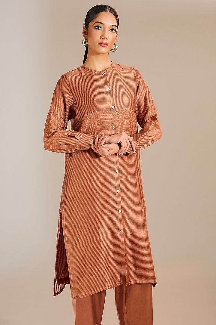 Rust Striped Chanderi Silk Jaal Work Tunic by Urvashi Kaur at Pernia's Pop Up Shop