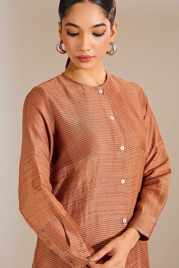 Rust Striped Chanderi Silk Jaal Work Tunic by Urvashi Kaur at Pernia's Pop Up Shop