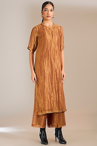 Rust Striped Tissue Silk Pants by Urvashi Kaur