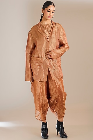 Rust Sheer Zari Kota Silk Jaal Work Blazer by Urvashi Kaur