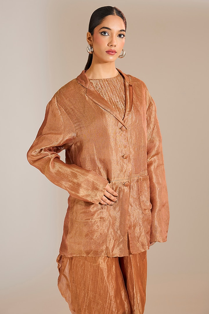 Rust Sheer Zari Kota Silk Jaal Work Blazer by Urvashi Kaur at Pernia's Pop Up Shop