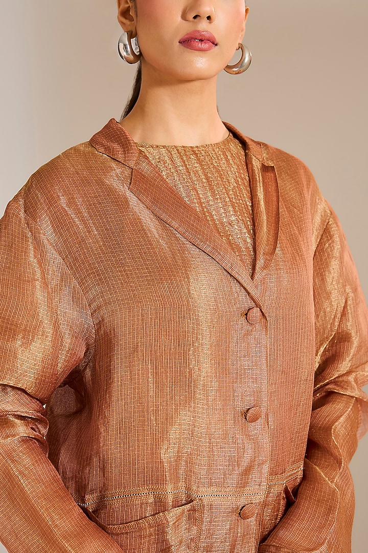 Rust Sheer Zari Kota Silk Jaal Work Blazer by Urvashi Kaur at Pernia's Pop Up Shop