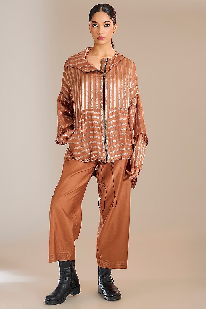 Rust Striped Tissue Silk Oversized Hoodie by Urvashi Kaur at Pernia's Pop Up Shop