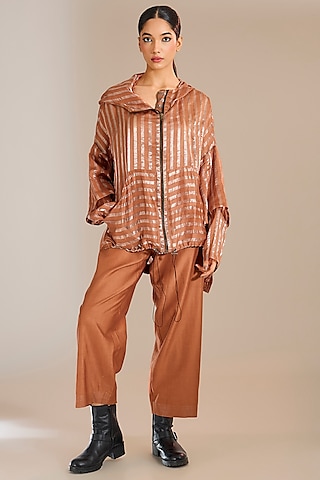 Rust Striped Tissue Silk Oversized Hoodie by Urvashi Kaur