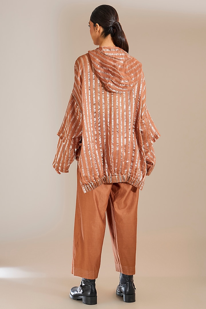 Rust Striped Tissue Silk Oversized Hoodie by Urvashi Kaur at Pernia's Pop Up Shop