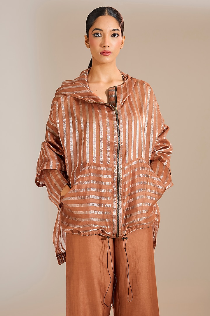 Rust Striped Tissue Silk Oversized Hoodie by Urvashi Kaur at Pernia's Pop Up Shop