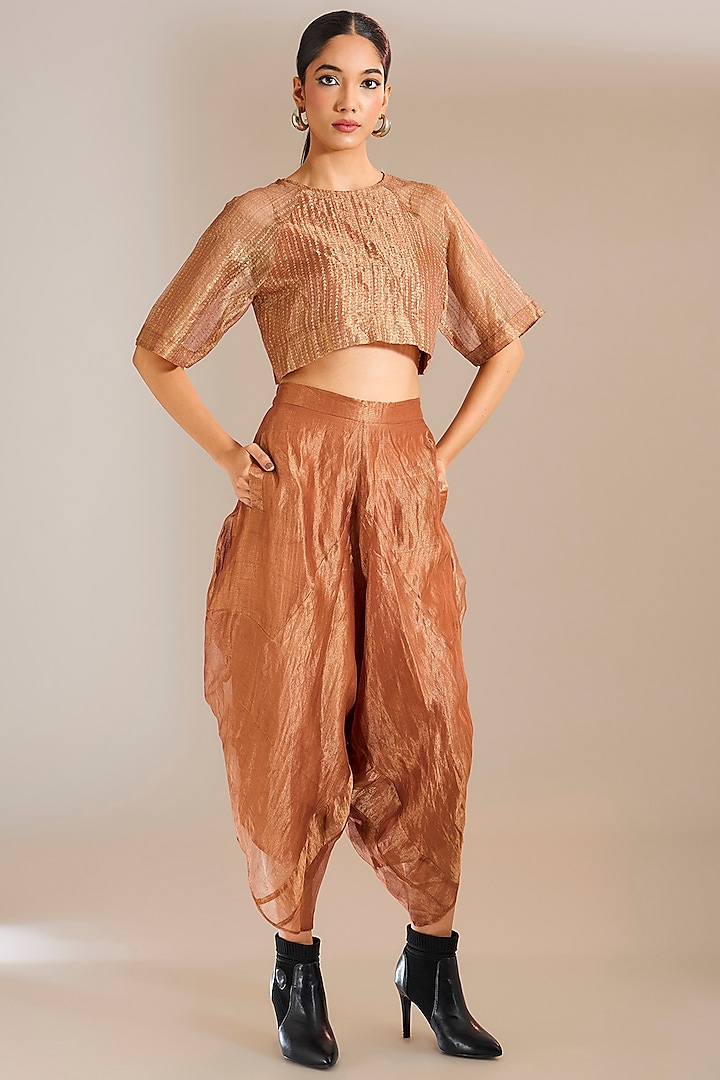 Rust Striped Tissue Silk Dhoti Pants by Urvashi Kaur at Pernia's Pop Up Shop