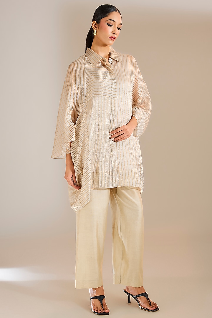 Silver Grey Striped Tissue Silk Shirt by Urvashi Kaur at Pernia's Pop Up Shop