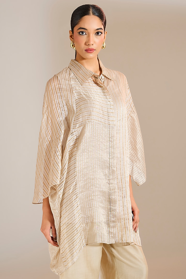 Silver Grey Striped Tissue Silk Shirt by Urvashi Kaur at Pernia's Pop Up Shop