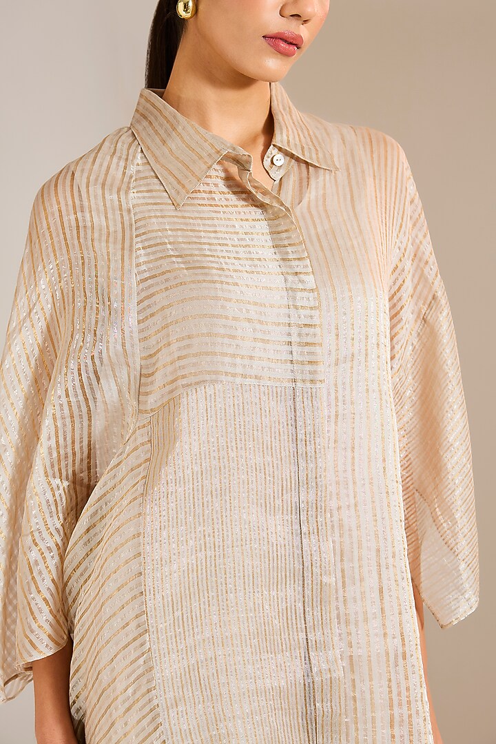 Silver Grey Striped Tissue Silk Shirt by Urvashi Kaur at Pernia's Pop Up Shop