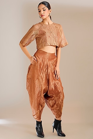 Rust Zari Kota Silk Crop Top by Urvashi Kaur
