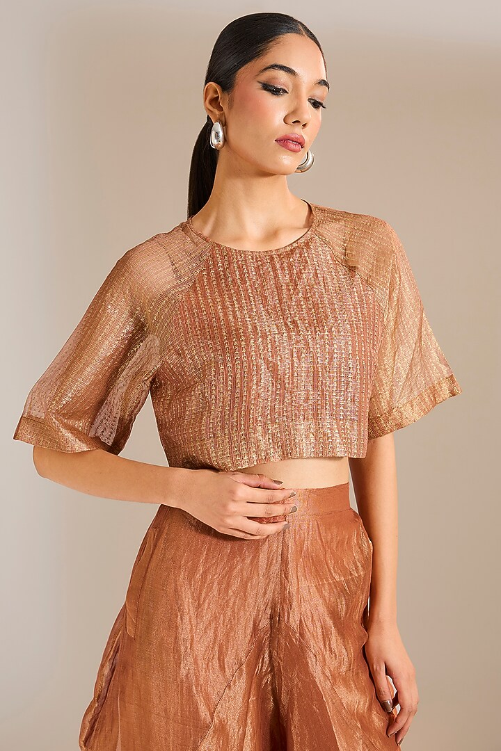 Rust Zari Kota Silk Crop Top by Urvashi Kaur at Pernia's Pop Up Shop
