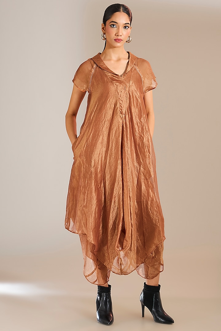 Rust Striped Tissue Silk Asymmetric Dress by Urvashi Kaur at Pernia's Pop Up Shop