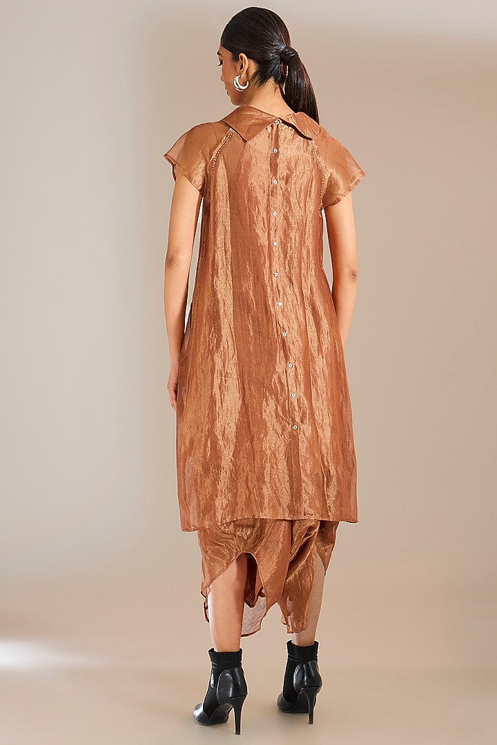 Rust Striped Tissue Silk Asymmetric Vacation Dress by Urvashi Kaur at Pernia's Pop Up Shop