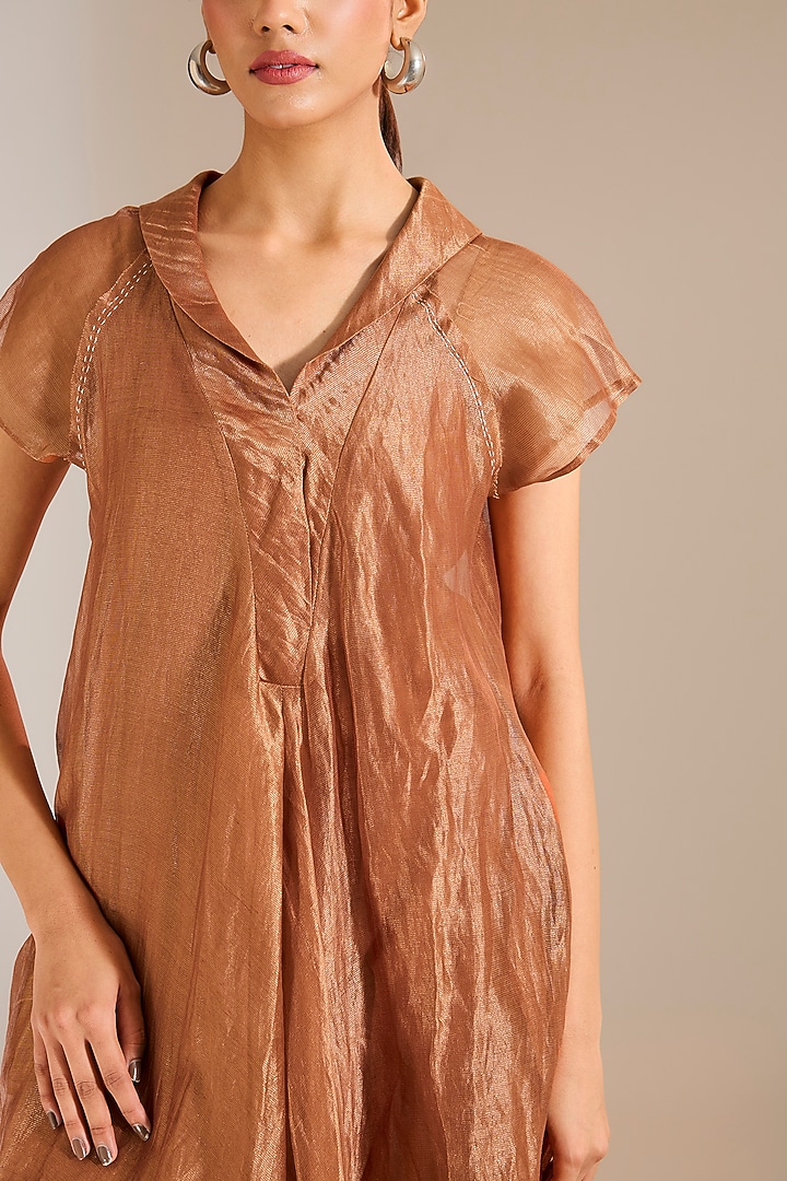 Rust Striped Tissue Silk Asymmetric Vacation Dress by Urvashi Kaur at Pernia's Pop Up Shop