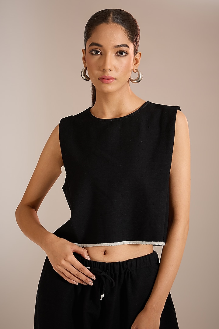 Black Handloom Striped Cotton Crop Top by Urvashi Kaur at Pernia's Pop Up Shop