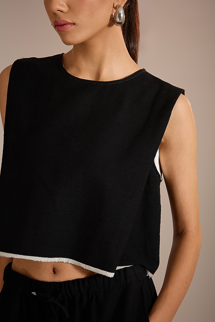 Black Handloom Striped Cotton Crop Top by Urvashi Kaur at Pernia's Pop Up Shop