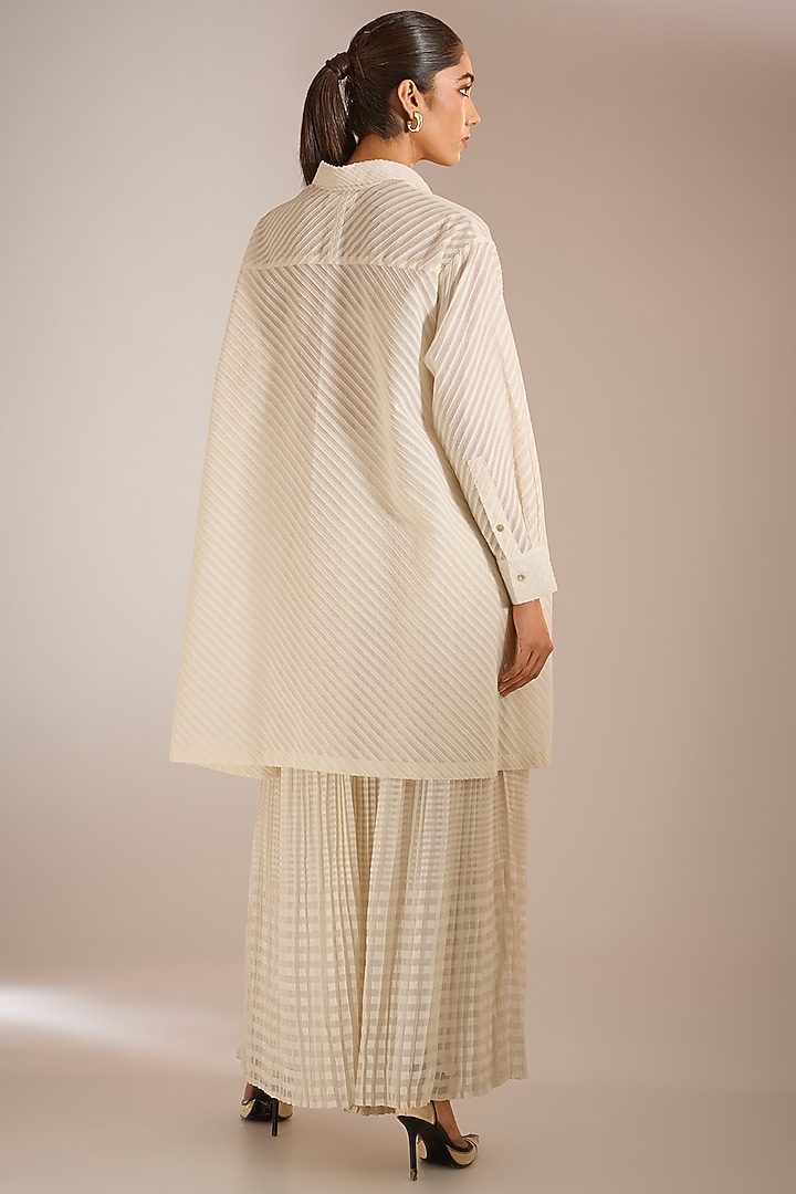 Ecru Striped Cotton Asymmetric Shirt by Urvashi Kaur at Pernia's Pop Up Shop