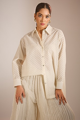 Ecru Striped Cotton Asymmetric Shirt by Urvashi Kaur